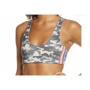 Spiritual Gangster Gray Camo Sports Bra with Pink & Blue Side Stripes